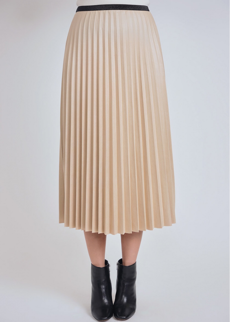 Refined Radiance Beige Pleated Midi Skirt